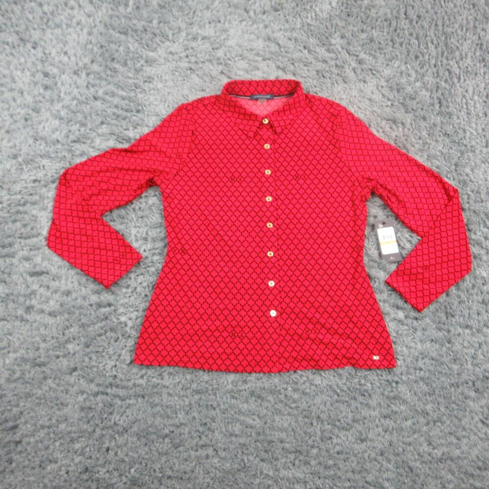Tommy Hilfiger Shirt Womens Small Red Geometric Button-Up Stretch Slim Fit NWT